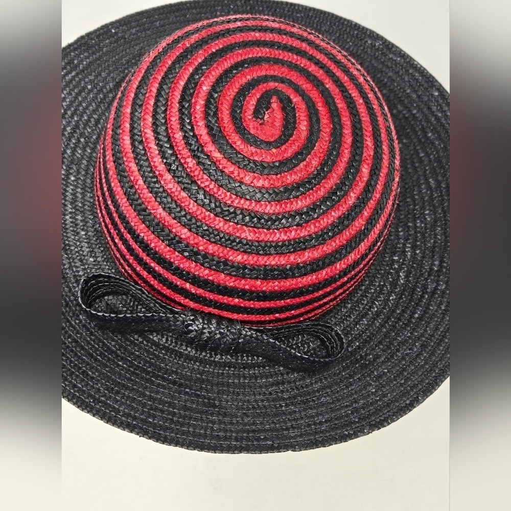 VINTAGE 100% NATURAL STRAW WOVEN HAT BLACK & RED SWIRL ITALY WOMEN OS WHIMSIGOTH - Picture 6 of 13